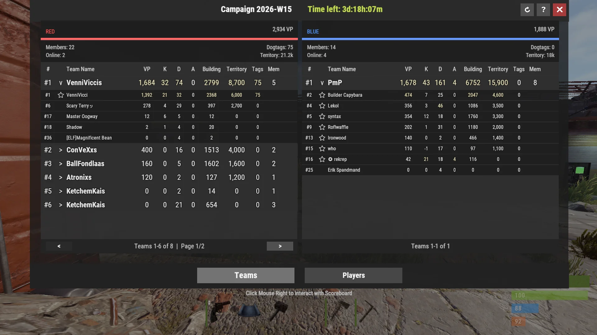 Scoreboard Teams tab screenshot
